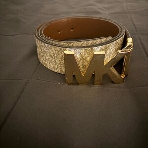 Michael Kors Gold Buckle Belt with Brown and Cream Pattern